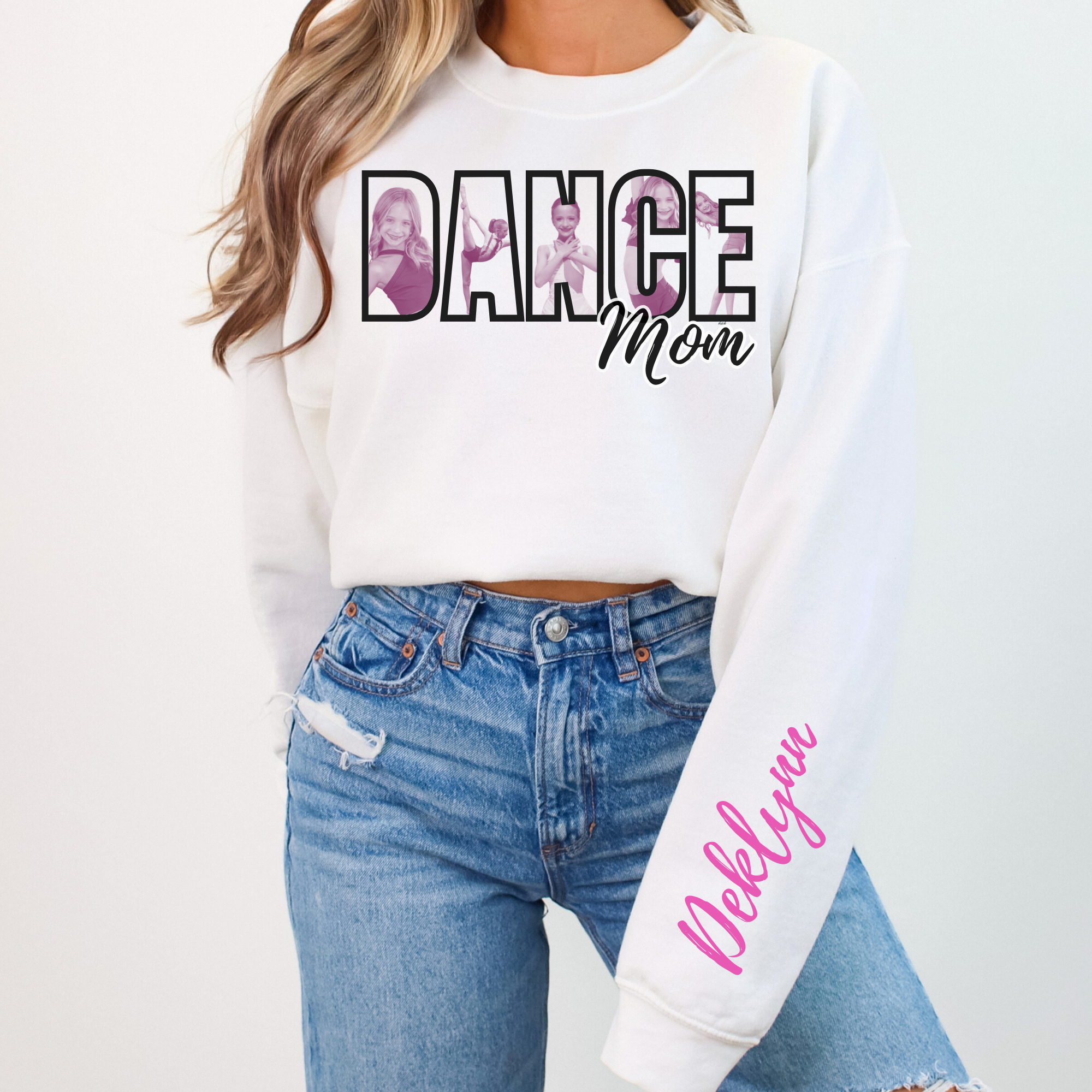 Dance Mom Photo + Name Sleeve White Sweathsirt *CUSTOM*
